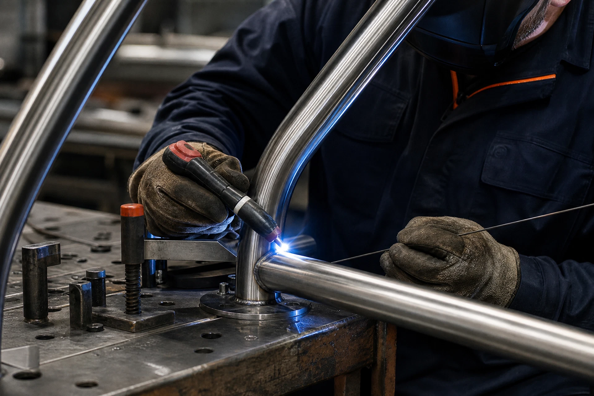 Marine fabricator working on a stainless-steel component in a boatyard workshop